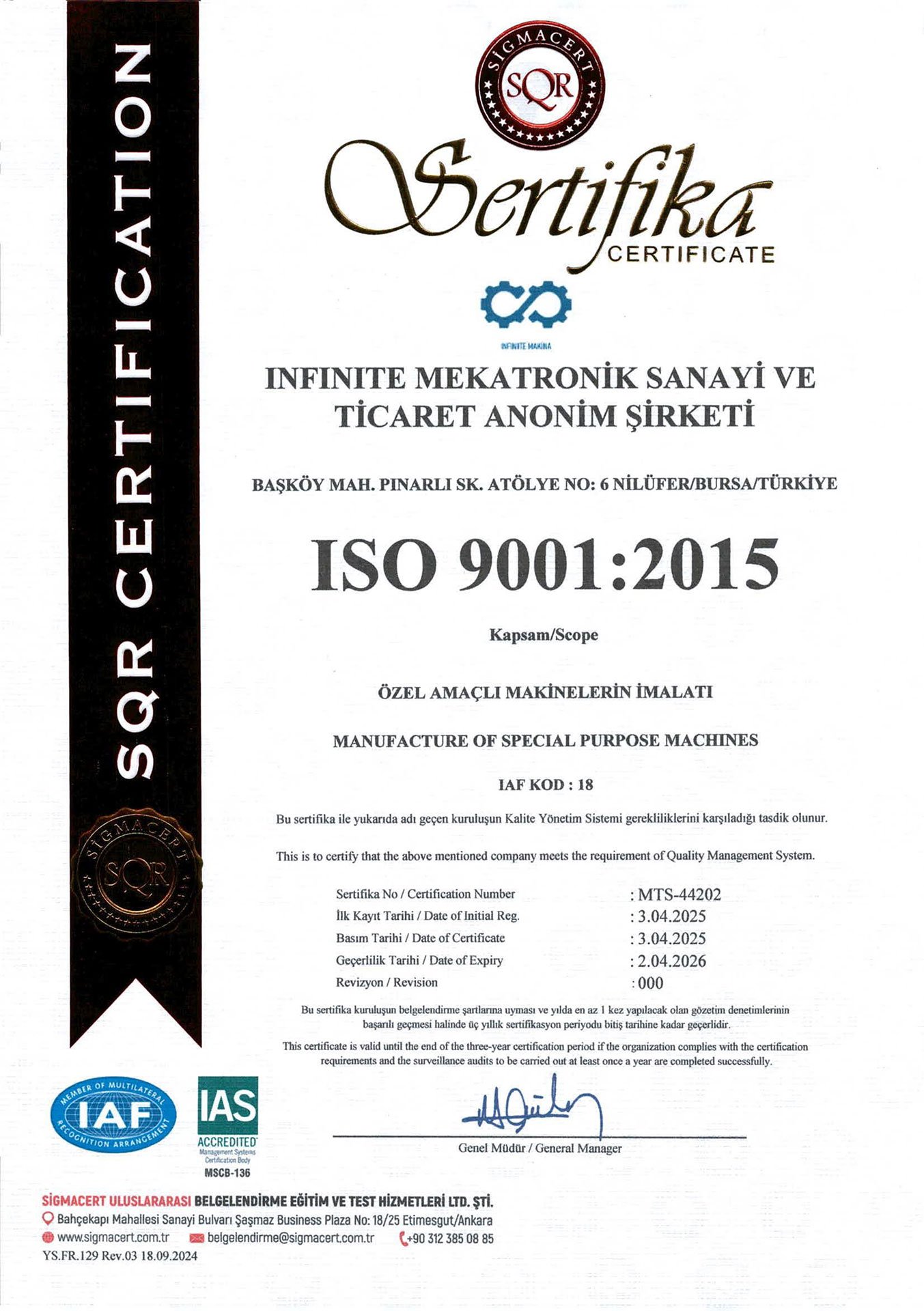 ISO 9001:2015 Sertifikası